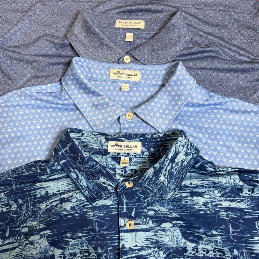 3 Peter Millar Summer Comfort Polo Golf Tropical Skulls Pineapple Blue Large